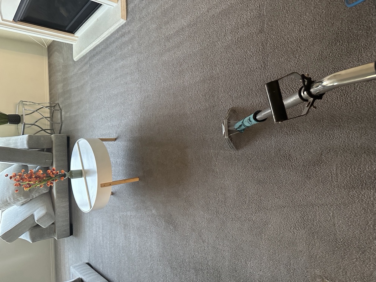 Living room carpet mid-pass with wand visible