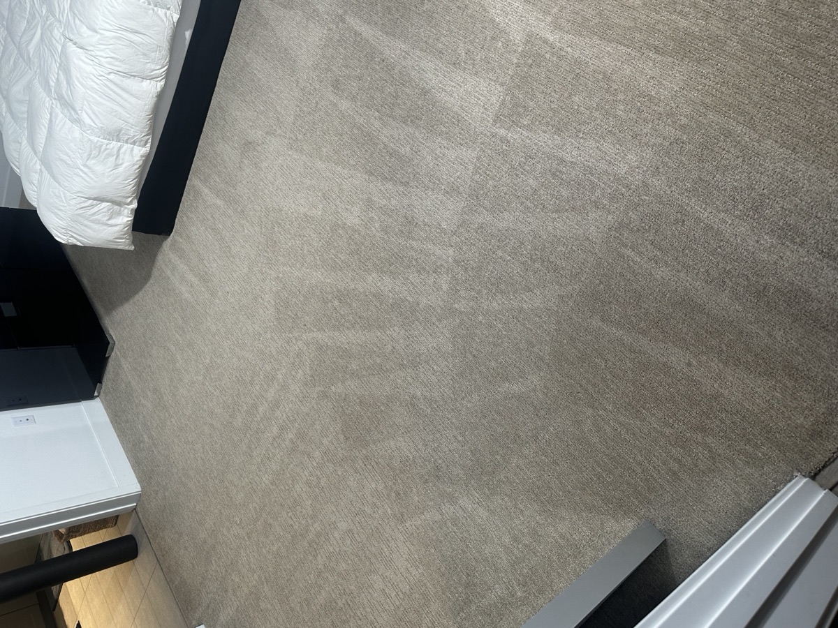 Hot-water cleaning wand close-up with steam rising from carpet